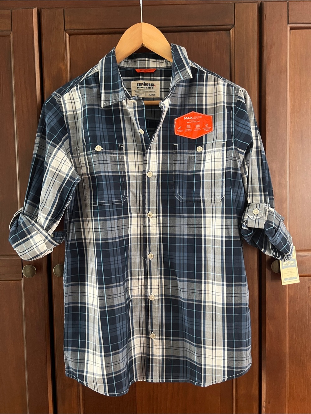 Urban Pipeline MaxWear Boys XL Navy Plaid Roll-Tab Button Down Shirt NWT